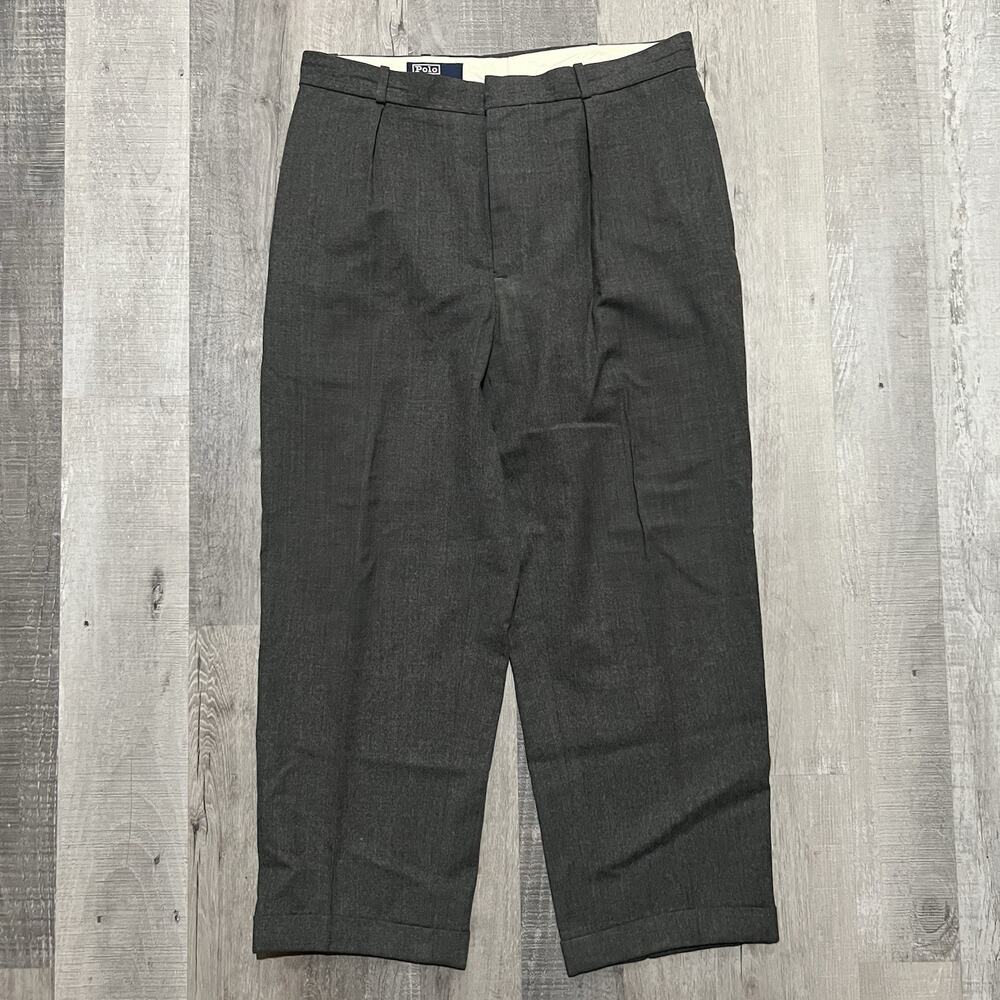 VTG Polo Ralph Lauren Grey Baggy Wool Pleated Cuffed Trouser Dress Pants Sz 35
